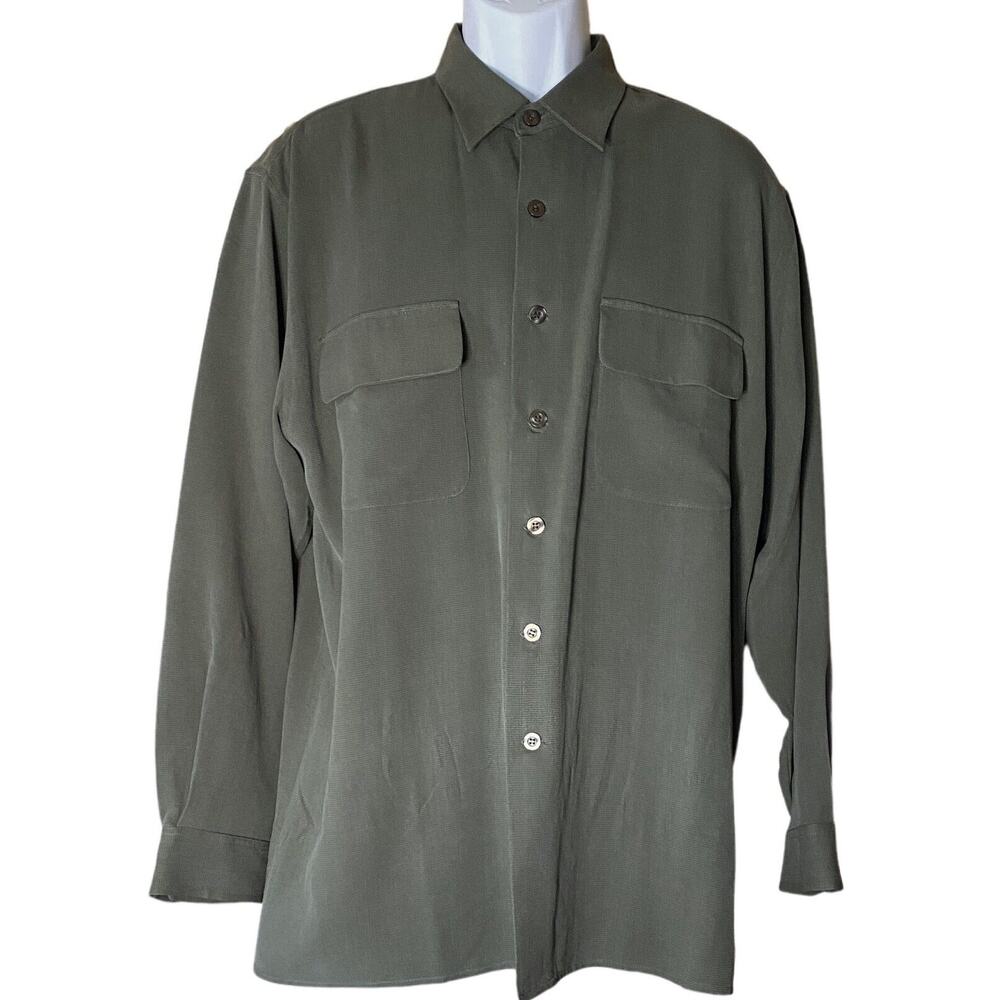 NORM THOMPSON Mens Large 100% Silk Okra Green Check Button Front Shirt
